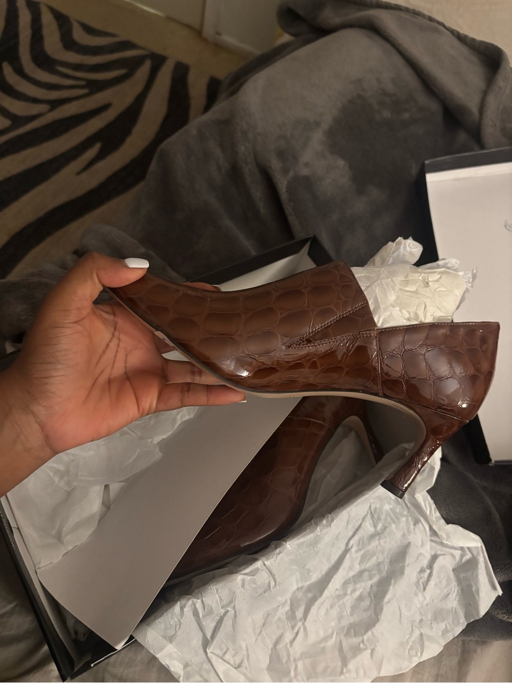 Nordstrom Brown Croc-Embossed Pointed-Toe Mid Heel Pump